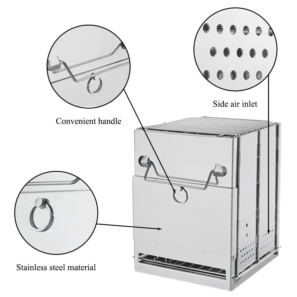 Camping Wood Burning Stove with Grill Collapsible Backpacking Survival Rocket Stove Stainless Steel Campfire Stove