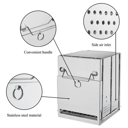 Camping Wood Burning Stove with Grill Collapsible Backpacking Survival Rocket Stove Stainless Steel Campfire Stove